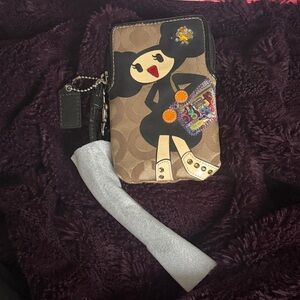 Coach Pepper Embellished Character Zip Wristlet in Brown/Black